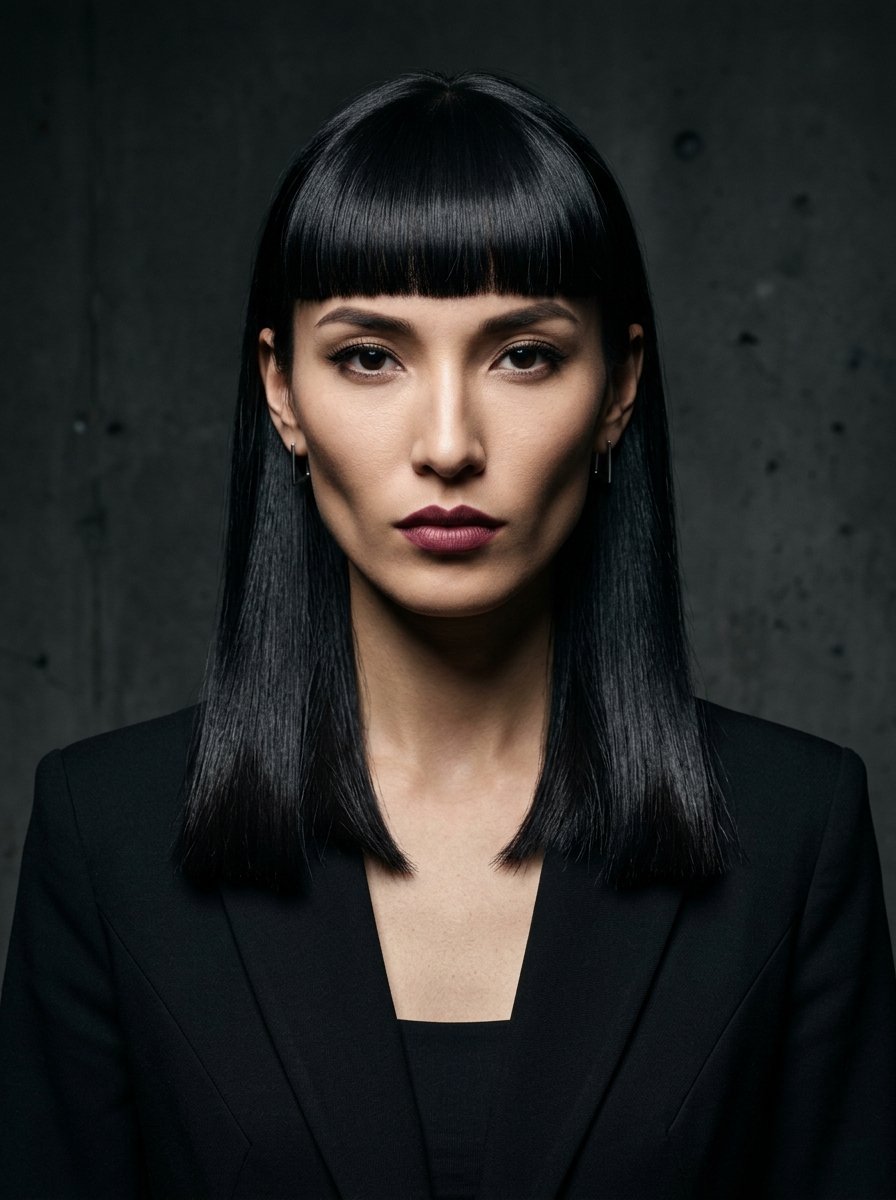 Portrait of a woman with straight black hair and sharp bangs posing against a dark concrete wall.