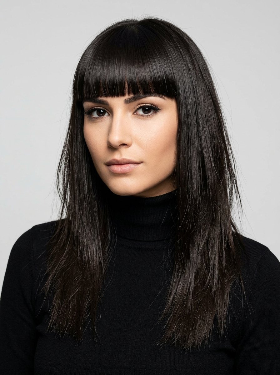 Close up headshot of a woman wearing a black turtleneck with straight hair and heavy fringe against a grey background.