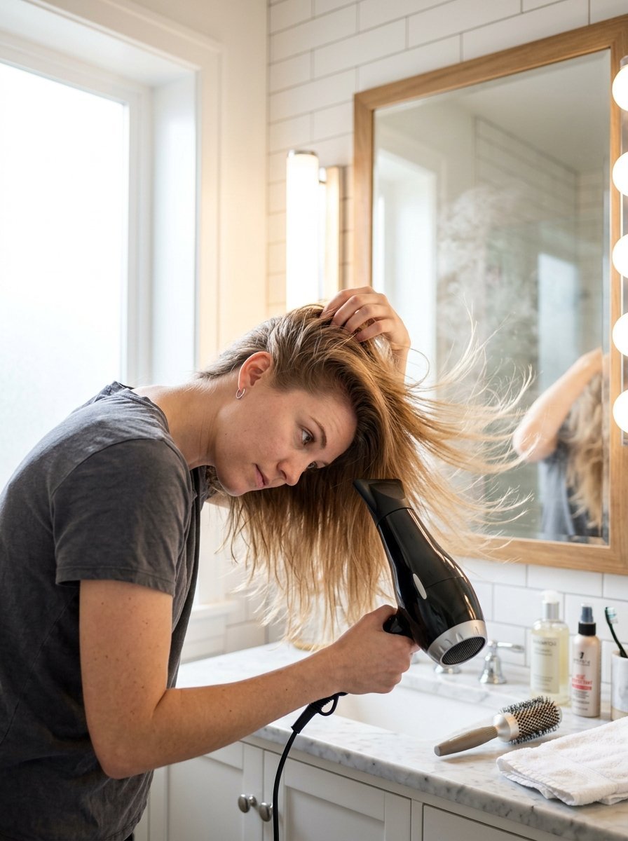 A woman with wet hair uses a black hairdryer in front of a bathroom mirror while running her fingers through her locks.