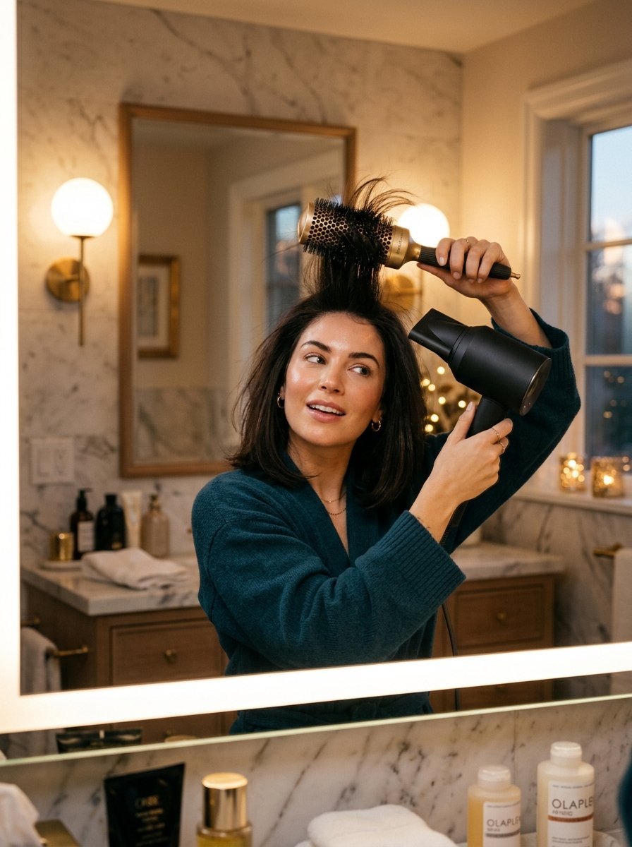A woman in a teal robe uses a round brush and blow dryer to style her hair in a marble-tiled bathroom mirror.