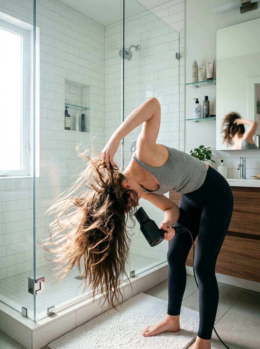 Young woman in athletic wear using a black hairdryer while standing on a bath mat in a tiled shower room.