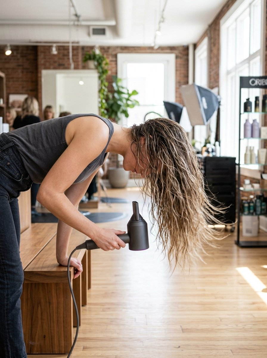 A person with wet hair using a modern hand-held hair dryer inside a professional salon setting.