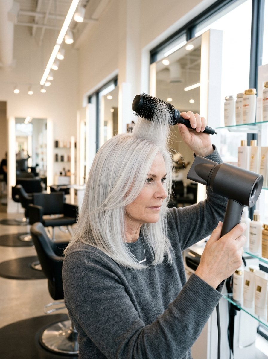 A woman with long white hair using a round brush and hairdryer in a modern hair salon.