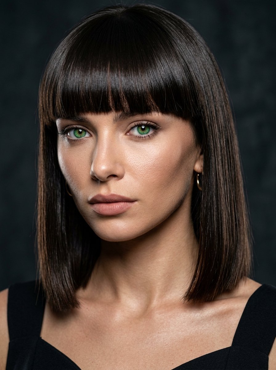 Close-up of a woman with shoulder-length dark hair, blunt bangs, and striking bright green eyes.