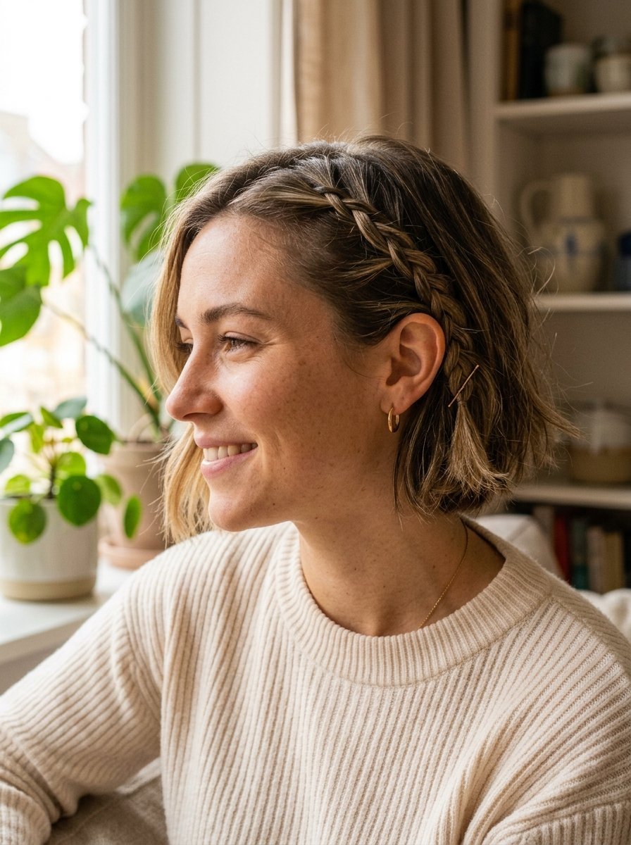 Profile view of a smiling woman with a short bob haircut featuring a neat side braid pinned behind her ear.