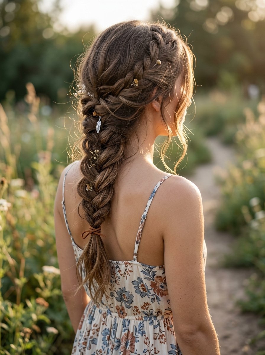 Back view of a woman wearing a floral dress with a textured French braid accented by small blossoms and a feather charm.