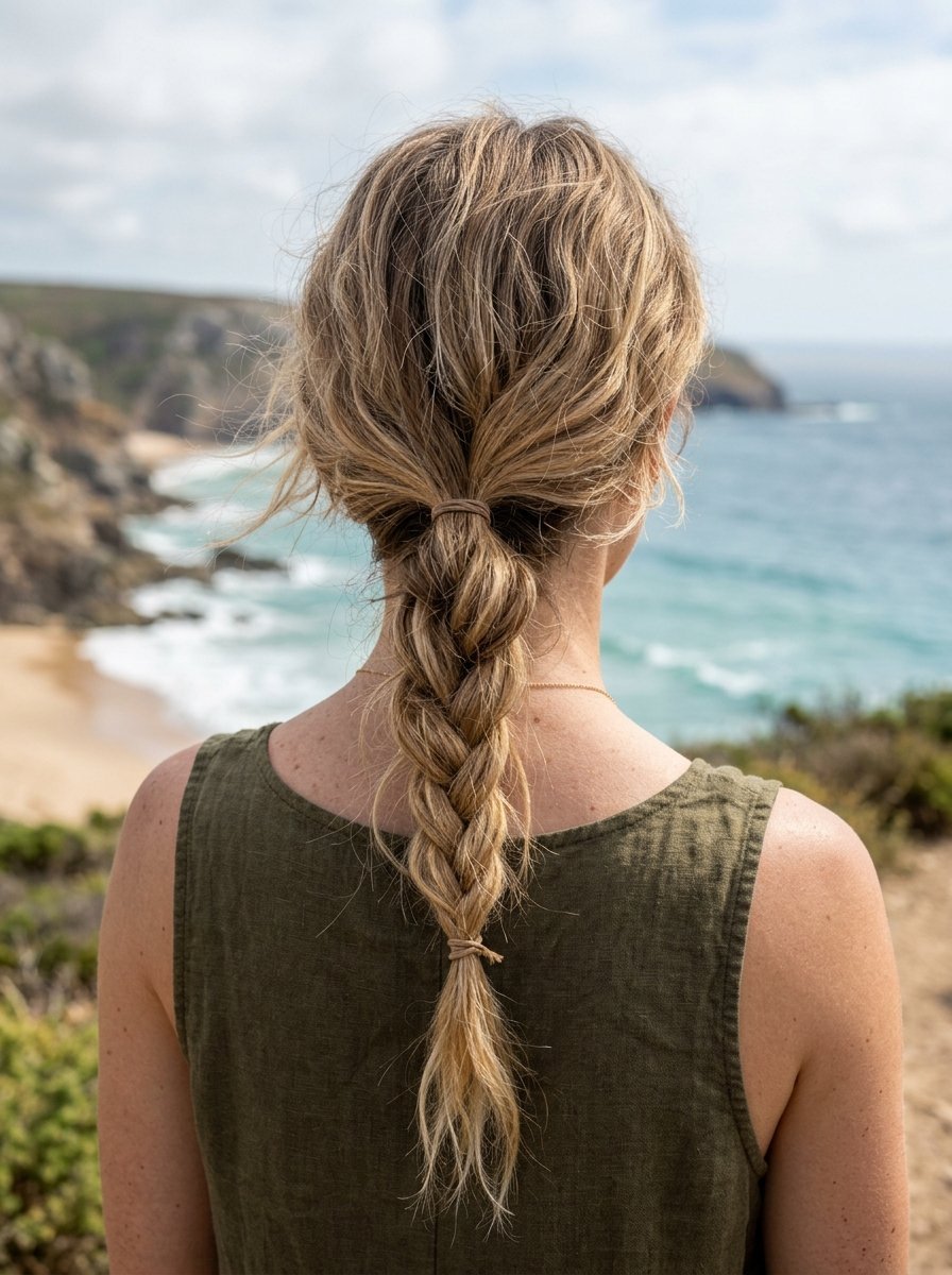 Back view of a blonde woman wearing a green tank top with her hair styled in a loose braid by the ocean.