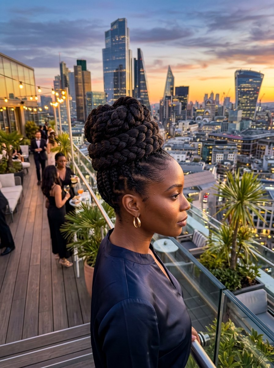 Profile view of a woman with a large braided bun on a balcony with city skyscrapers in the background at dusk.