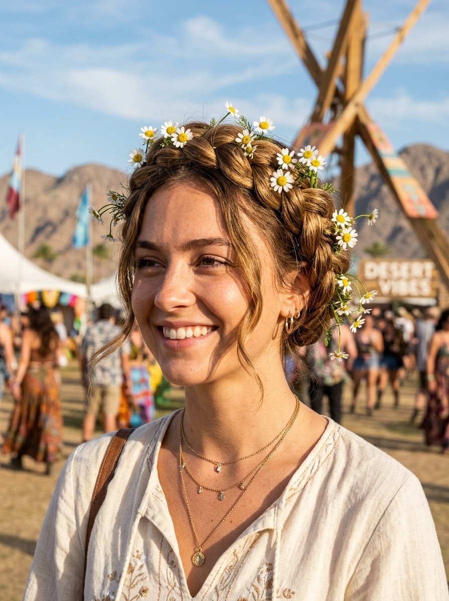 Close-up portrait of a woman with braided hair adorned with small white daisies at a desert music festival.