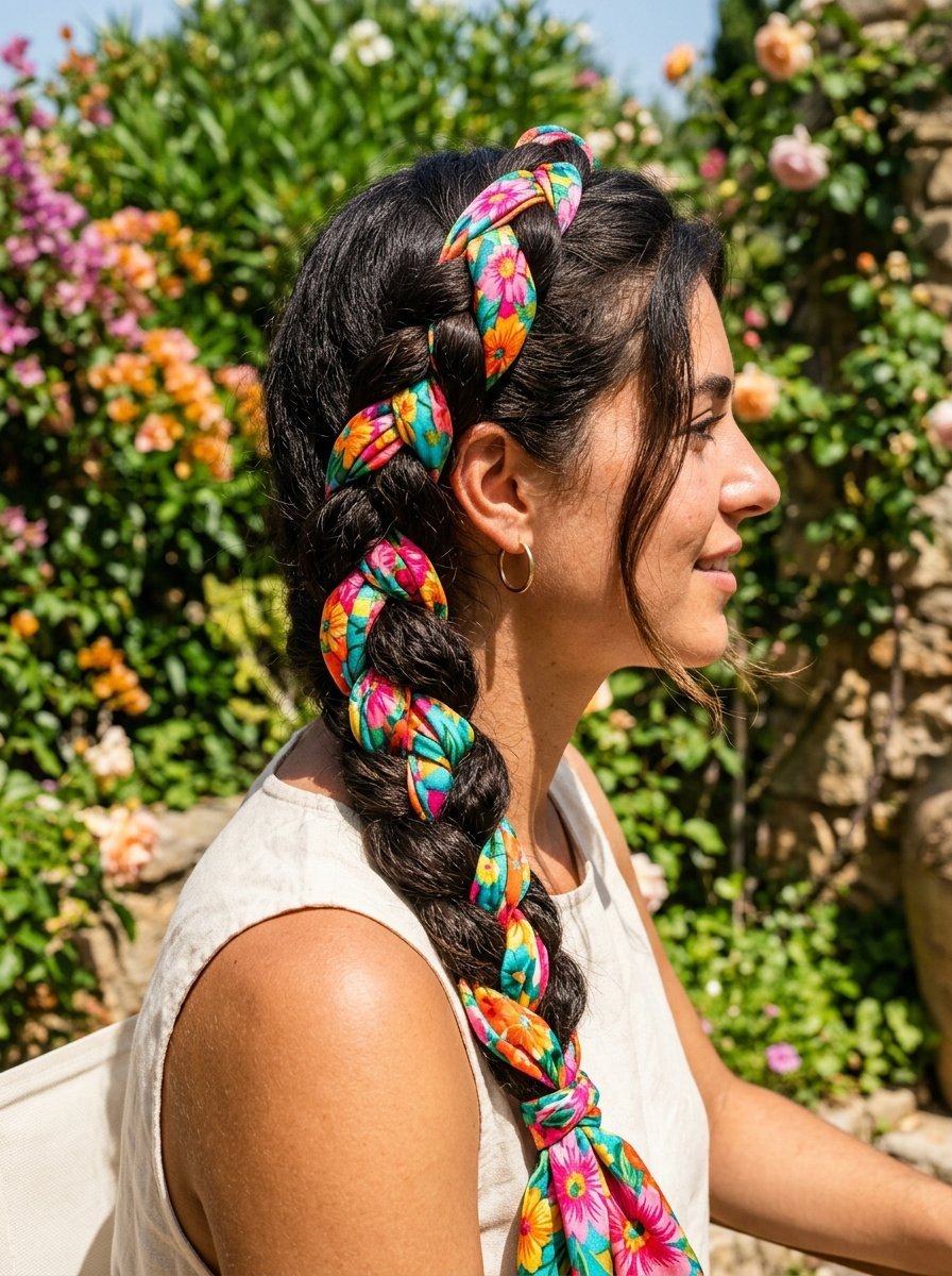 Profile view of a woman wearing a vibrant floral headscarf braided into her dark hair in a sunny garden setting.