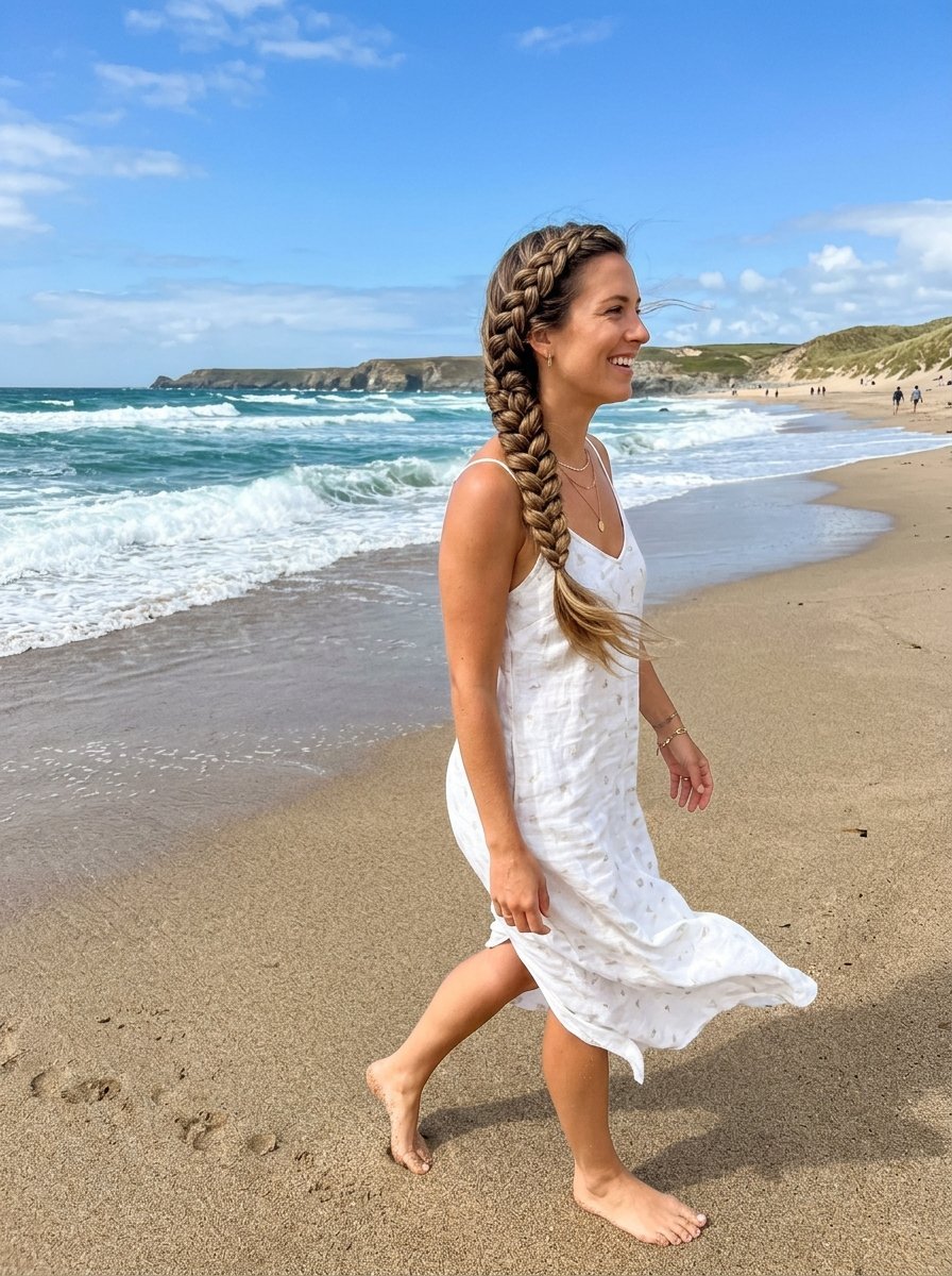 A smiling woman in a white linen dress with a thick side braid walking barefoot on a beach with ocean waves.