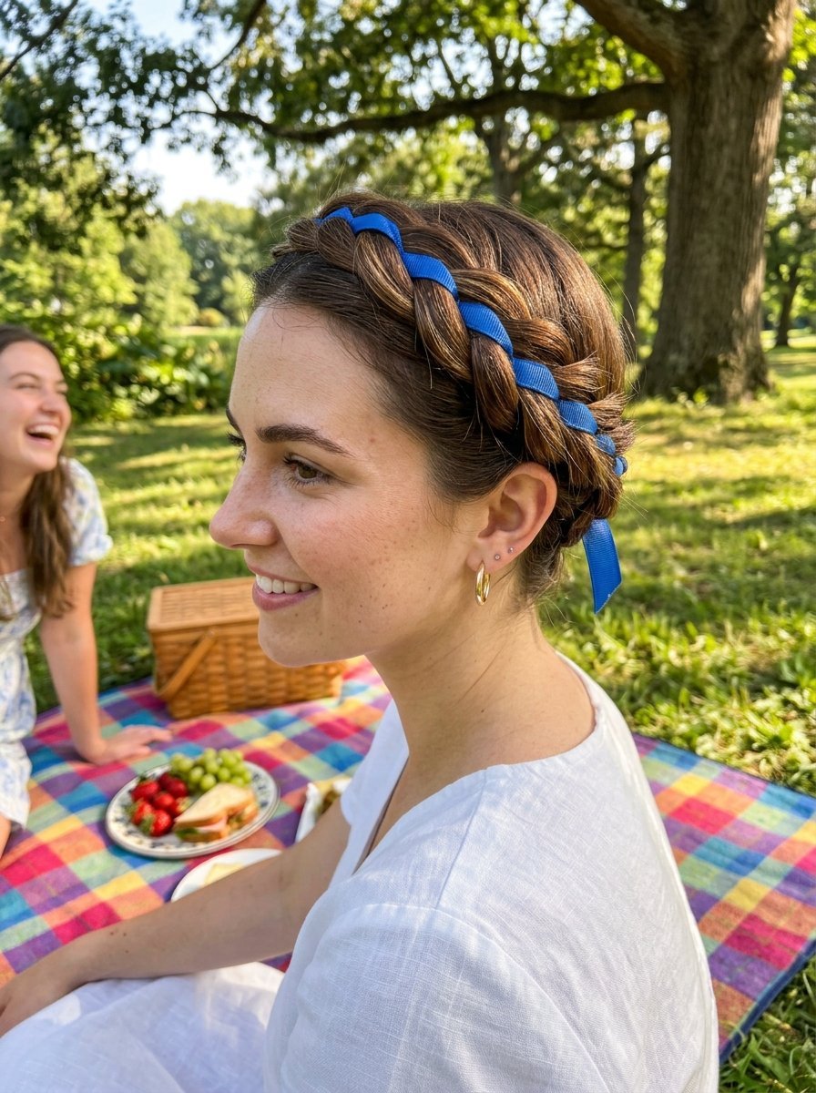 Close-up profile of a woman with a braided headband hairstyle woven with a blue ribbon at a sunny outdoor picnic.