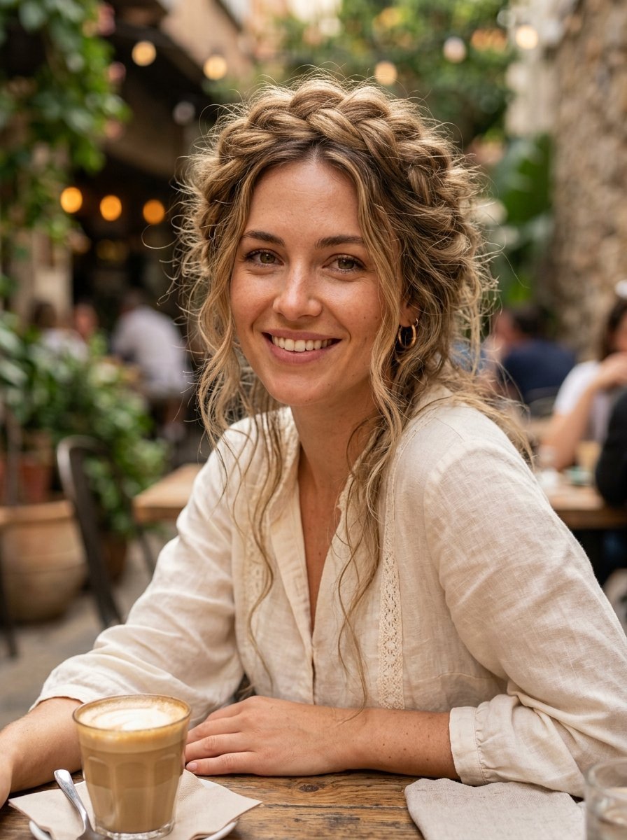 Portrait of a blonde woman wearing a lace-trimmed linen shirt and a milkmaid braid hairstyle at a rustic coffee table.