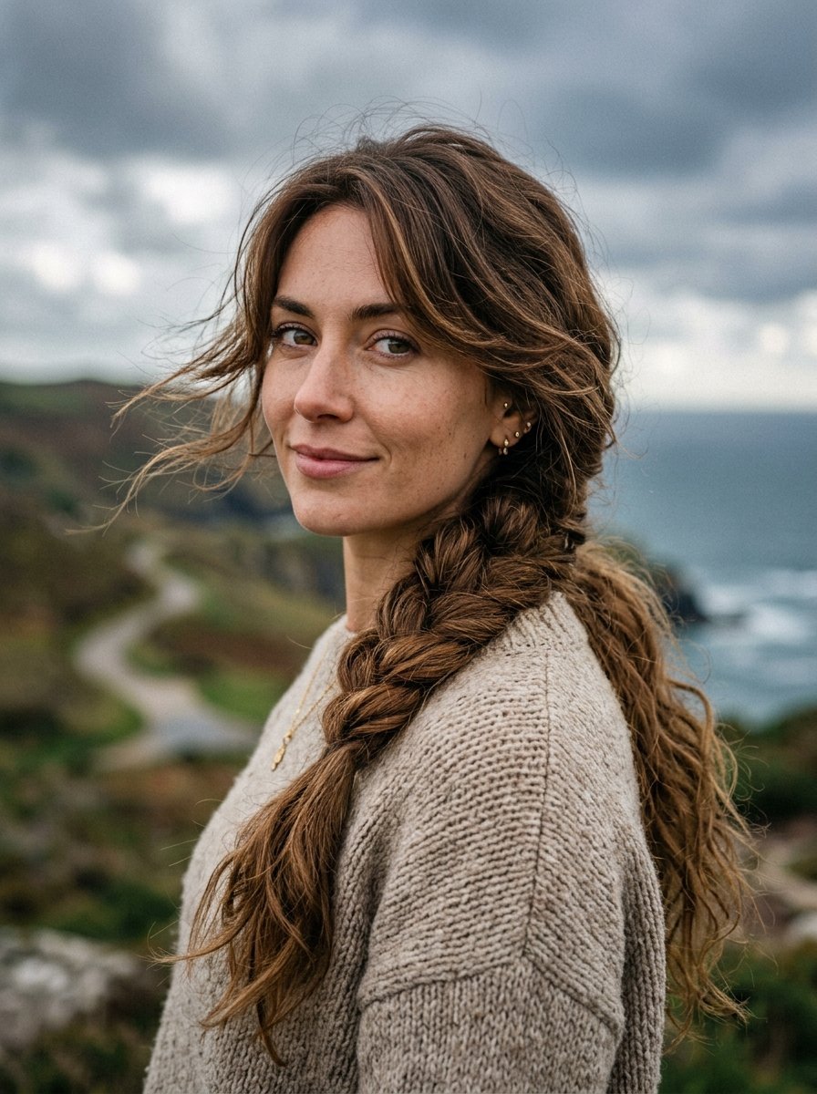 Portrait of a smiling woman with a side braid wearing a beige knit sweater against a cloudy ocean backdrop.