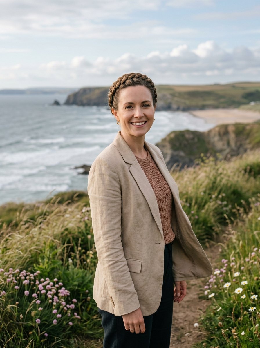 Portrait of a woman with braided hair wearing a beige jacket on a grassy hillside overlooking the ocean.
