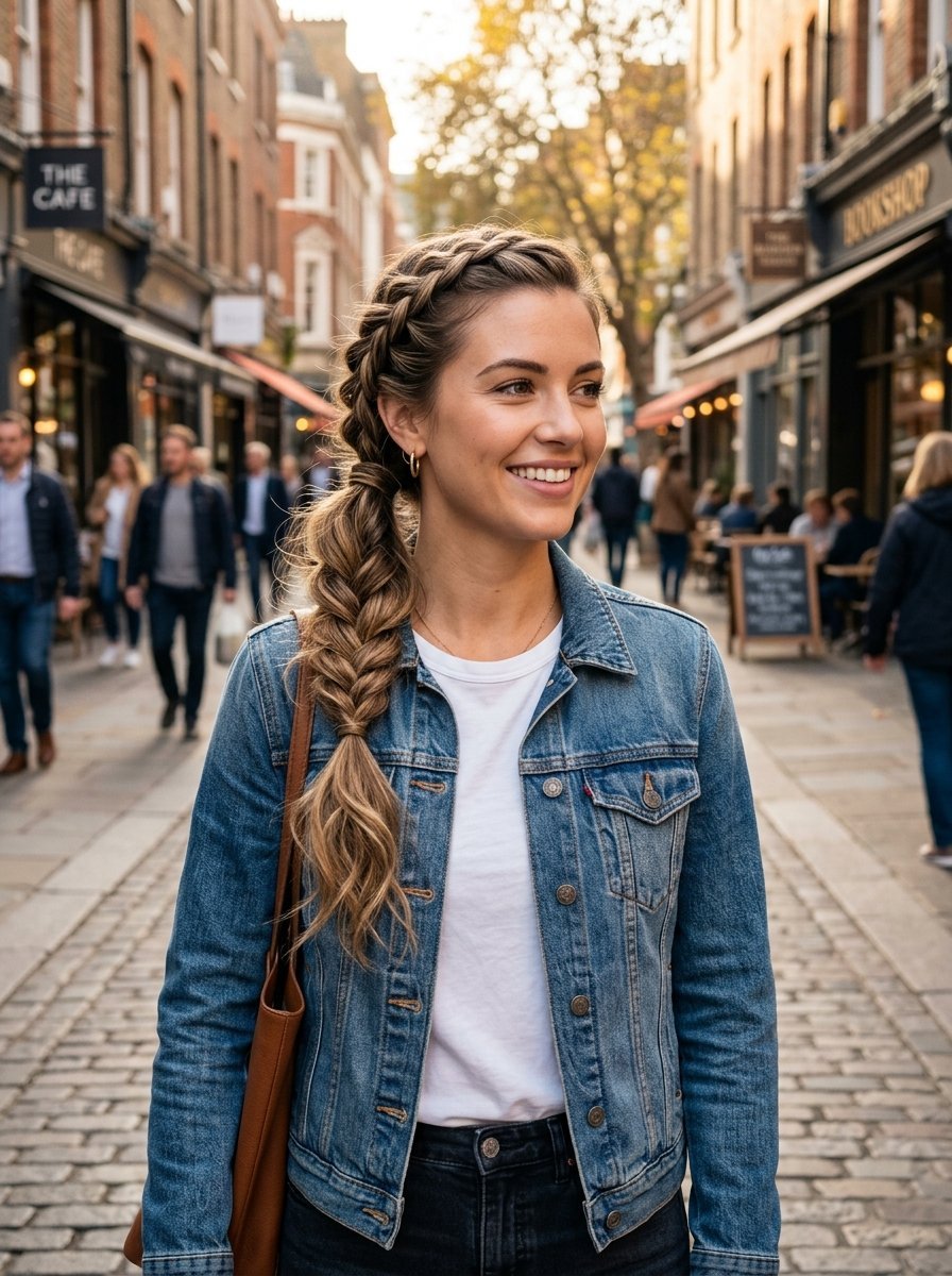 Young woman with blonde braided hair wearing a denim jacket standing on a London cobblestone street.