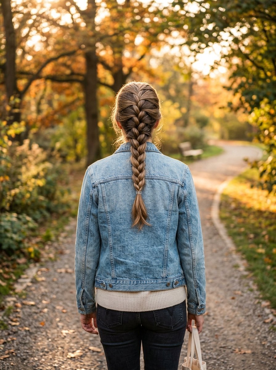 Back view of a person with blonde braided hair wearing a light blue denim jacket standing on a scenic outdoor trail.