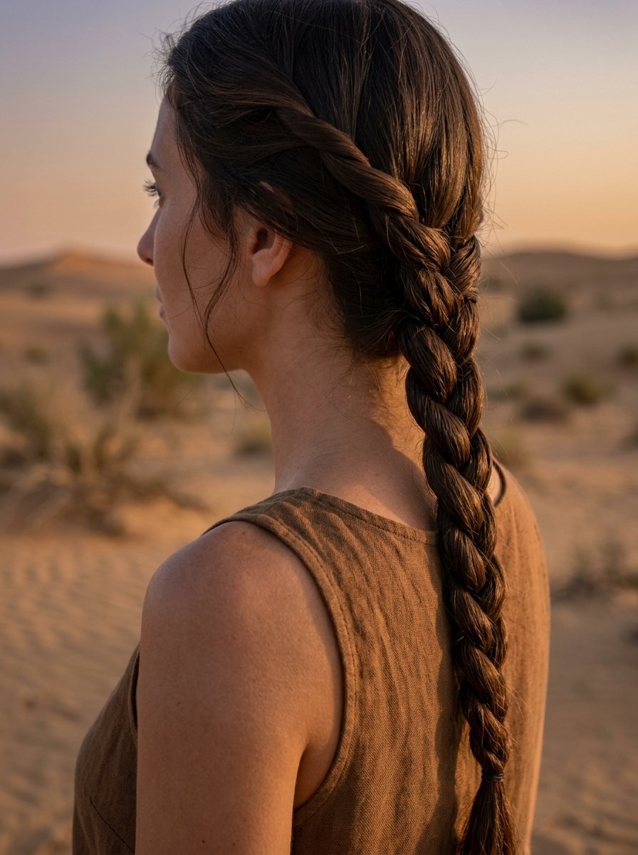 Profile view of a woman with braided brown hair standing in front of soft focus sand dunes at sunset.