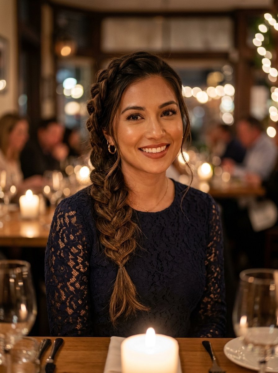 Portrait of a woman in a navy lace top with a fishtail side braid sitting at a candlelit restaurant table.
