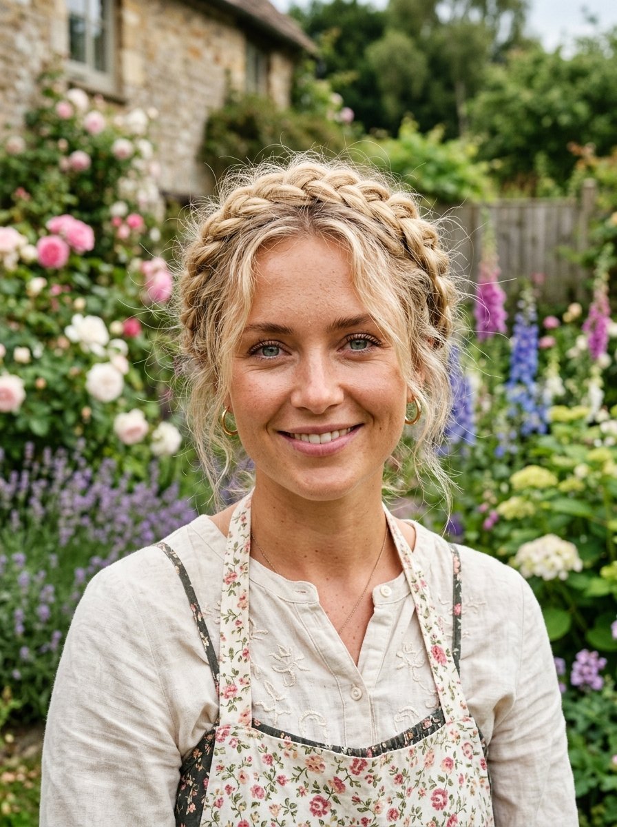 Portrait of a blonde woman with a crown braid and linen apron in a lush English country garden.
