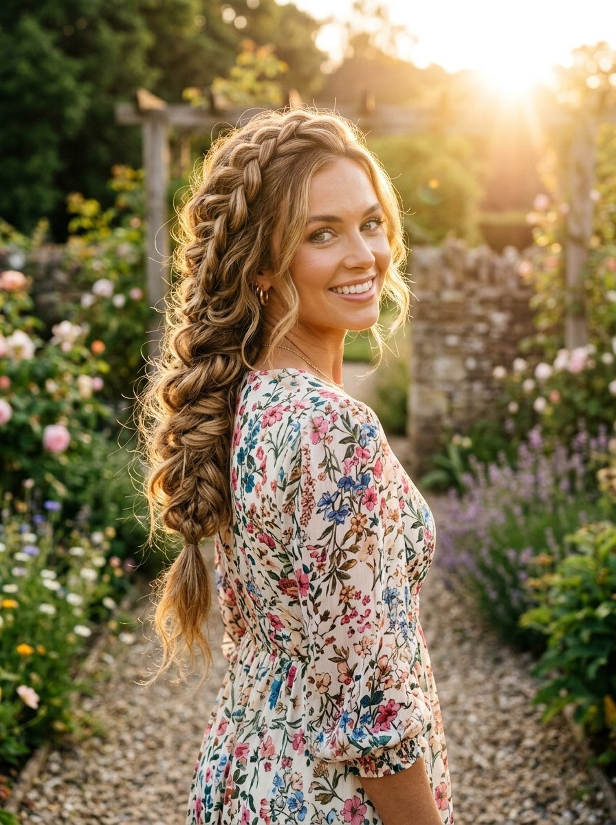 Close-up of a blonde woman wearing a floral dress and a side braid standing in a sunlit English garden.