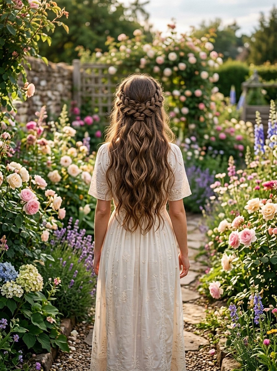 Back view of a woman with long wavy hair and a crown braid wearing a cream dress in a blooming flower garden.