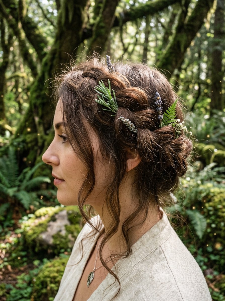 Side profile of a woman with a braided hairstyle decorated with sprigs of lavender and ferns in a mossy forest.