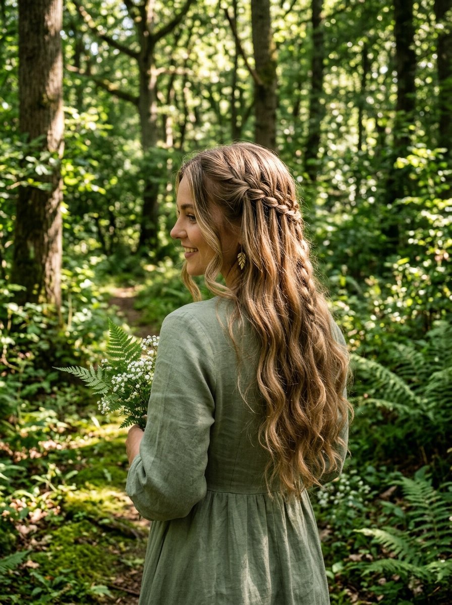 Back view of a woman with long wavy braided hair wearing a sage green dress holding a fern and white wildflowers.