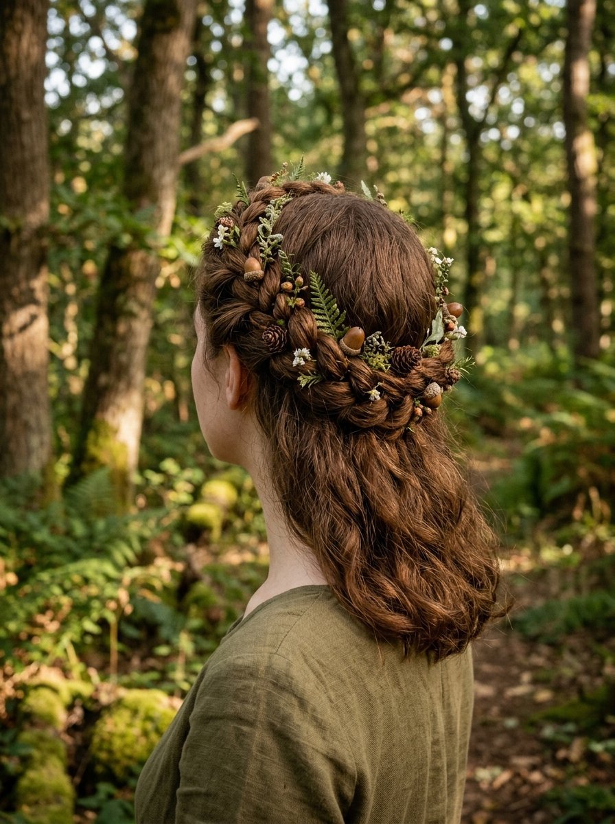 Close up of a woman with braided auburn hair styled with a crown of greenery, tiny flowers, pinecones, and acorns.