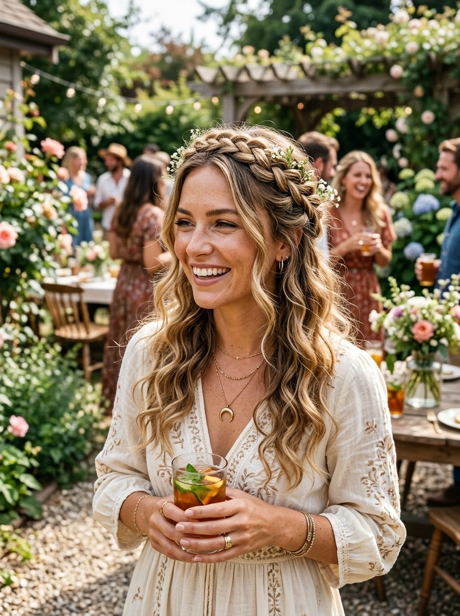 Close-up of a smiling blonde woman with a flower braided hairstyle holding a glass of iced tea outdoors.