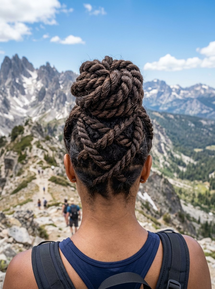 Close-up back view of a woman with braided rope-style hair bun overlooking a rocky mountain trail.