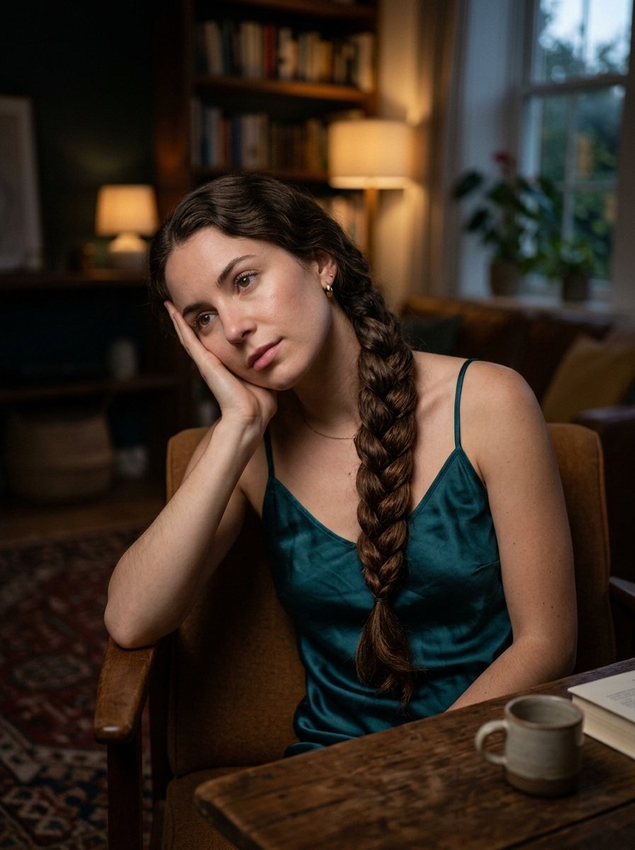 A young woman with a long thick braid sitting in a chair next to a wooden table with a coffee mug.