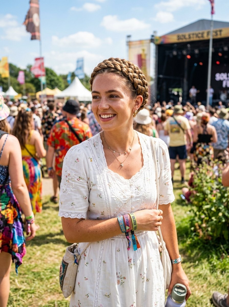 A woman with a braided headband wearing a white floral dress smiles at an outdoor concert venue.