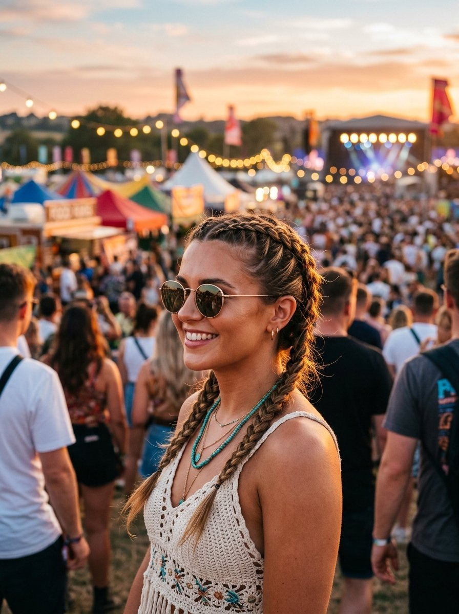 A smiling woman with double french braids and sunglasses at an outdoor concert during sunset.