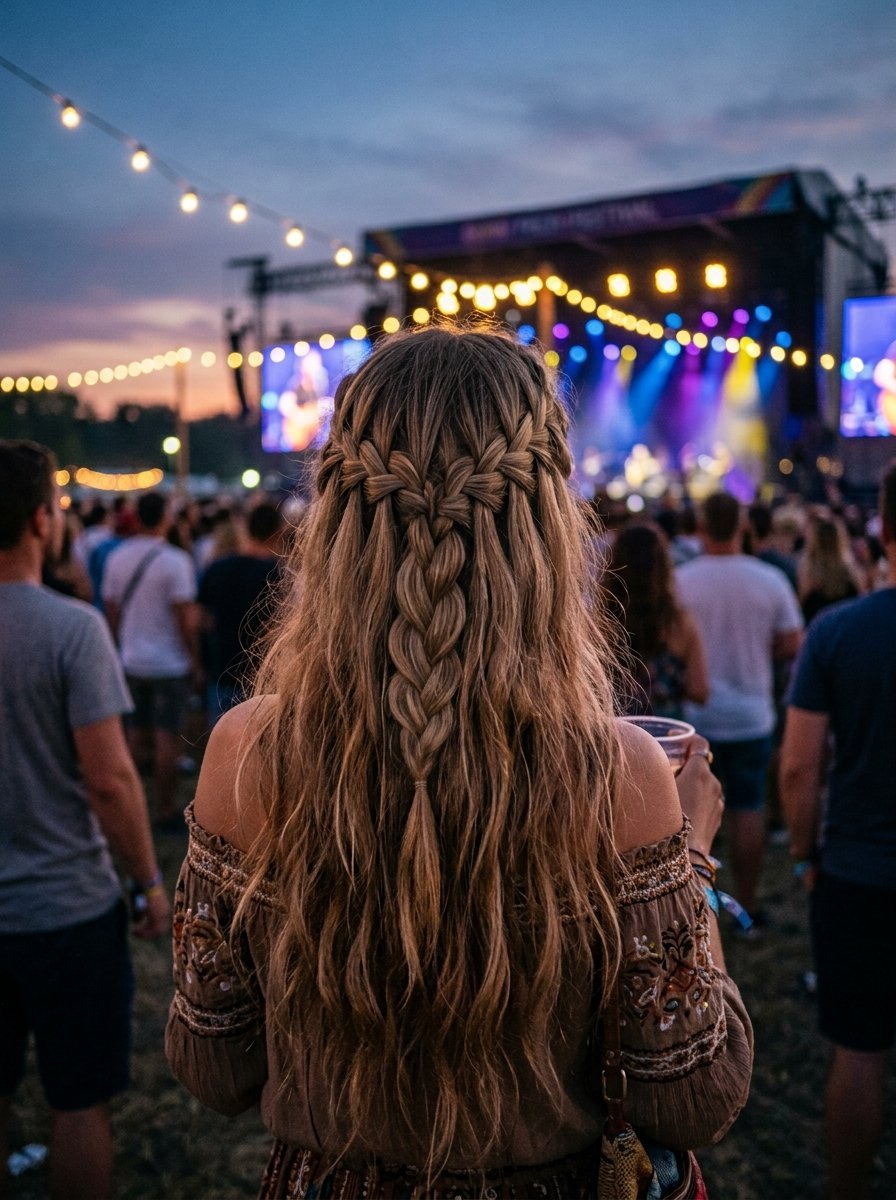 Close up rear view of a woman with long wavy hair in a waterfall braid, standing at an outdoor music festival.