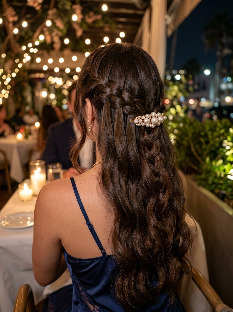 Back view of a woman with long wavy brown hair styled in a half-up braid with a decorative pearl clip at a dinner.