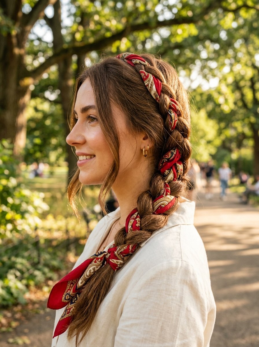 Side profile of a woman with a thick braid woven with a red and gold patterned silk scarf in a park.