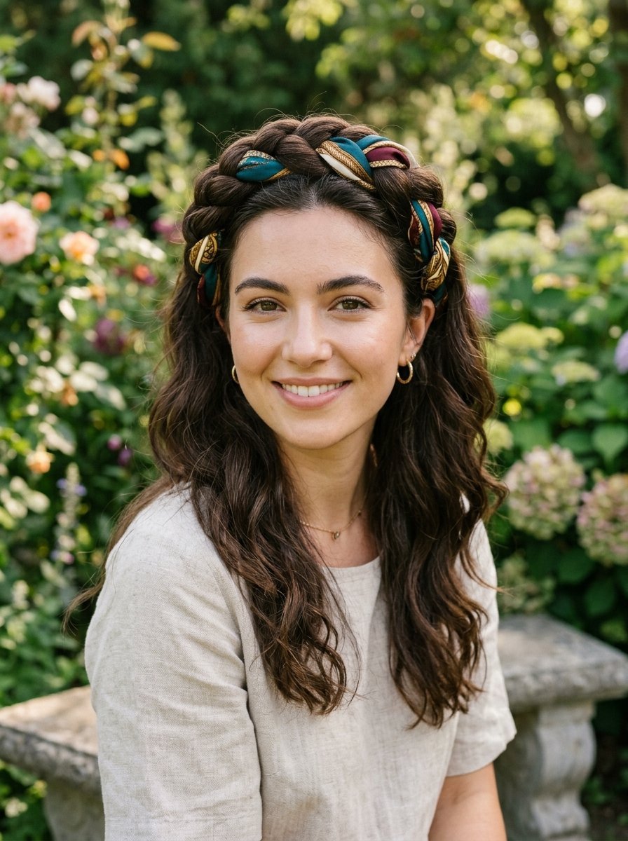 Portrait of a brunette woman with a braided crown style woven with a patterned teal and gold fabric headband.