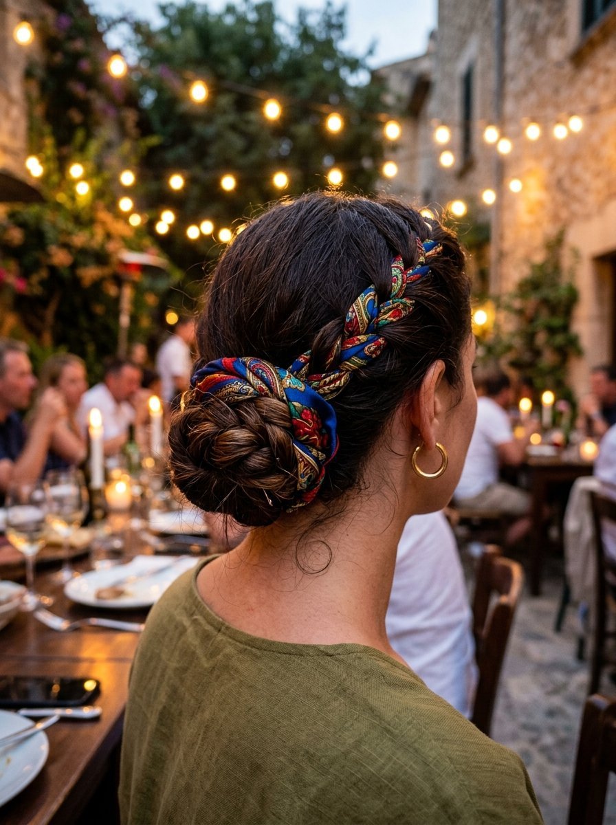 Close-up back view of a woman with a dark hair updo woven with a blue, red, and gold paisley silk scarf.