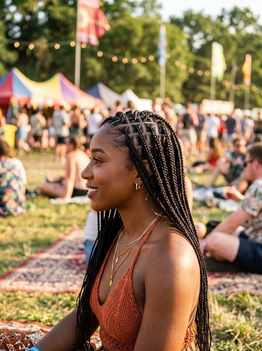 Profile view of a Black woman with long box braids wearing a crochet top at an outdoor music festival.
