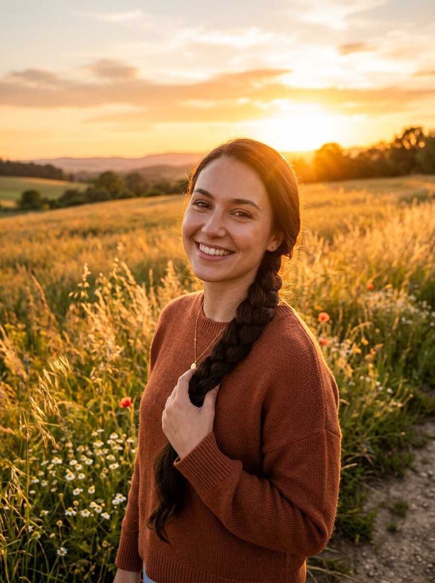 A young woman with a side braid smiles while standing in a golden meadow during a sunset.