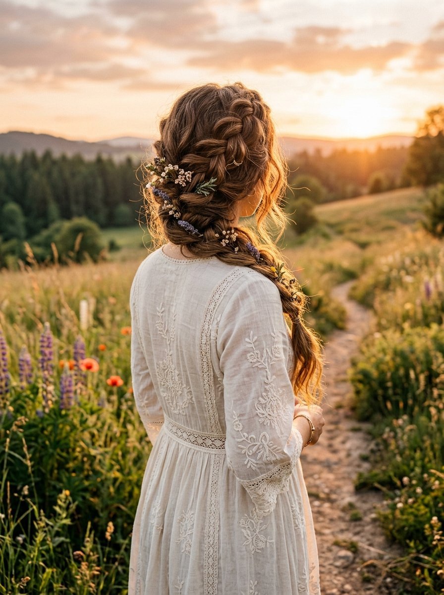 Back view of a woman in a white embroidered dress standing on a path in a wildflower meadow at sunset.