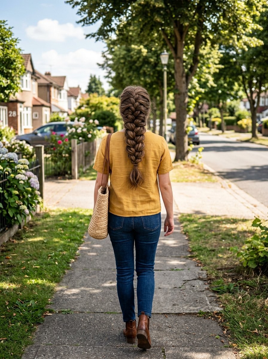 Rear view of a person with a long, intricate braided hairstyle walking on a sidewalk while carrying a straw tote bag.
