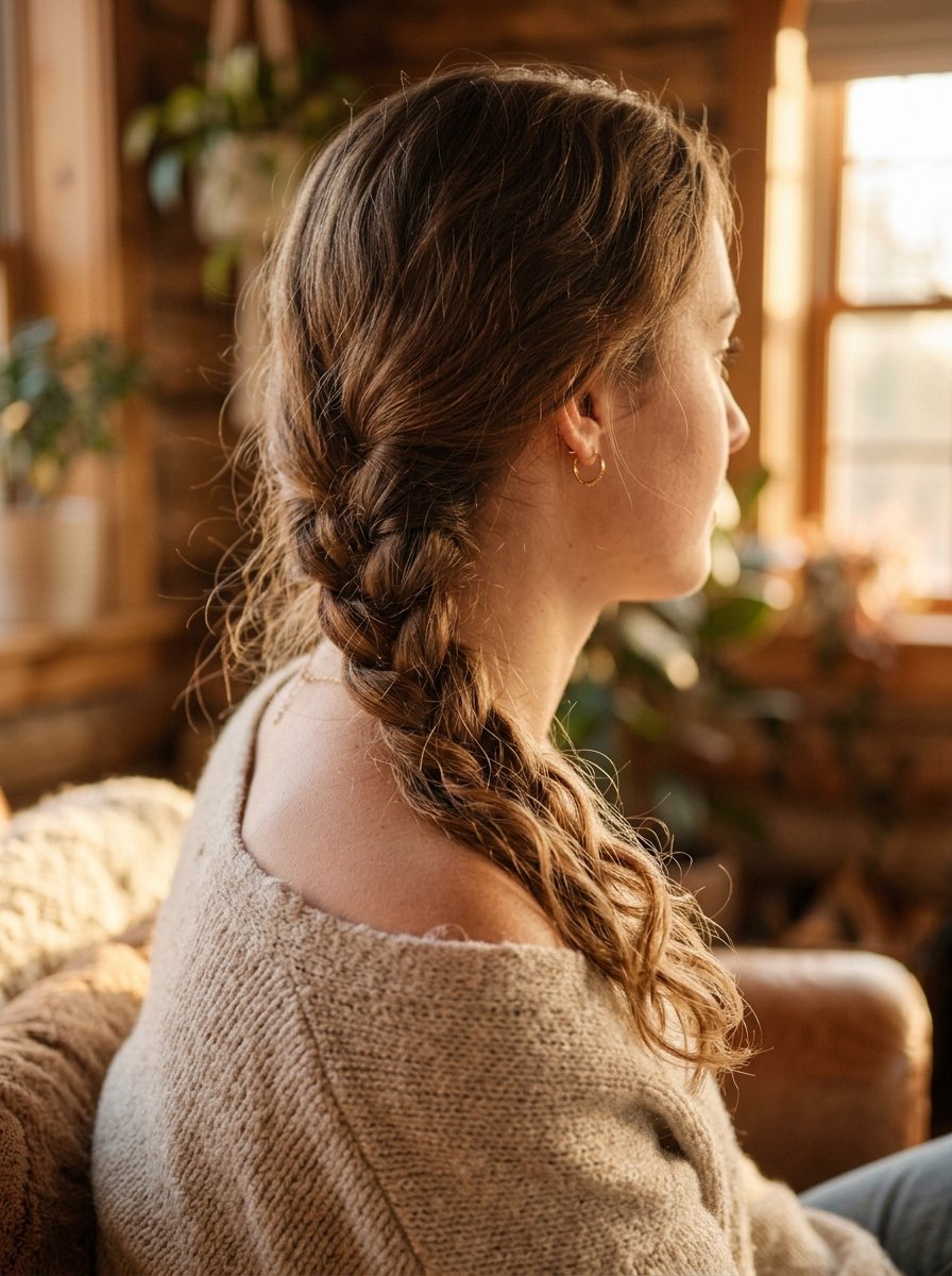 Close up of a woman's side profile wearing a casual sweater and a loose braid in her hair.