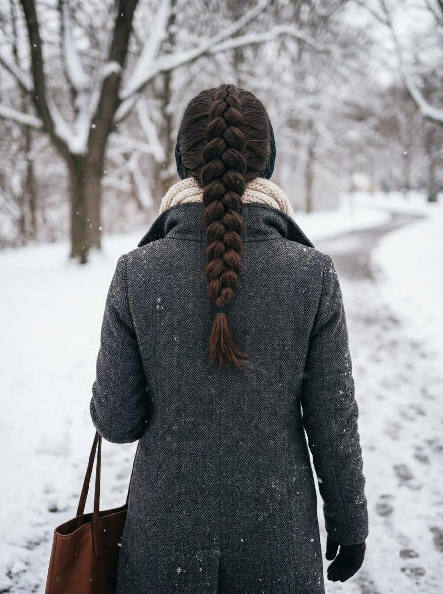 Back view of a woman with a dark braid in a herringbone coat walking on a snow-covered path.