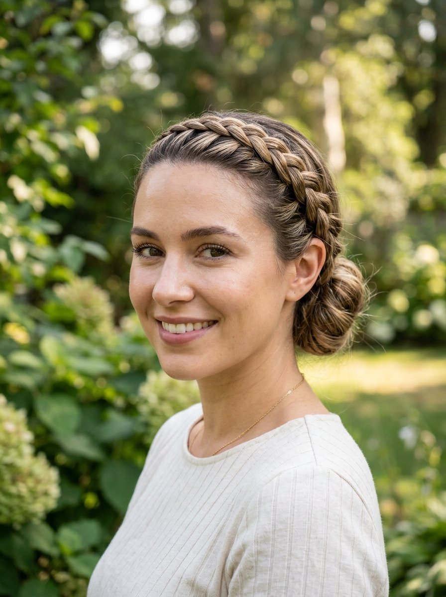 Close up of a woman with brunette hair styled in a thick Dutch braided halo and low bun in a garden.
