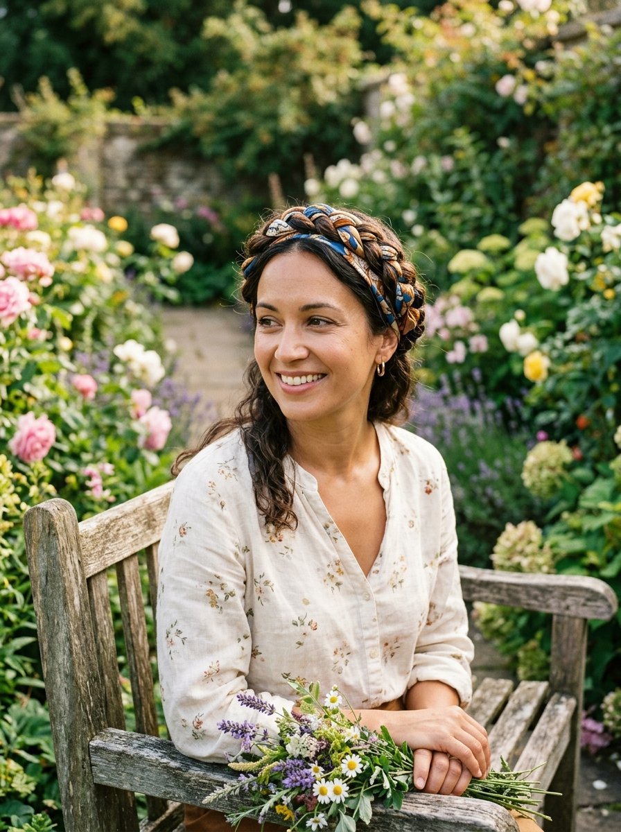 Woman wearing a patterned braided headband holding a small bouquet of wildflowers in a blooming rose garden.