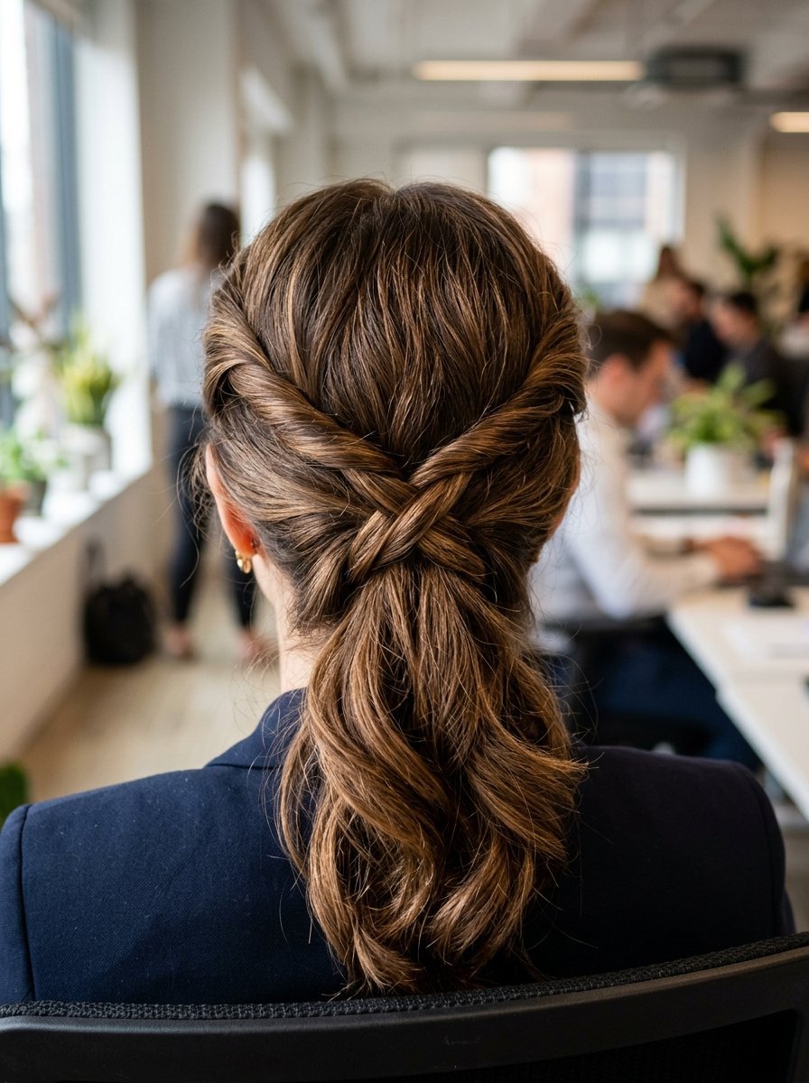 Close up rear view of a professional woman with a stylish, intricate low ponytail braid in a busy office setting.