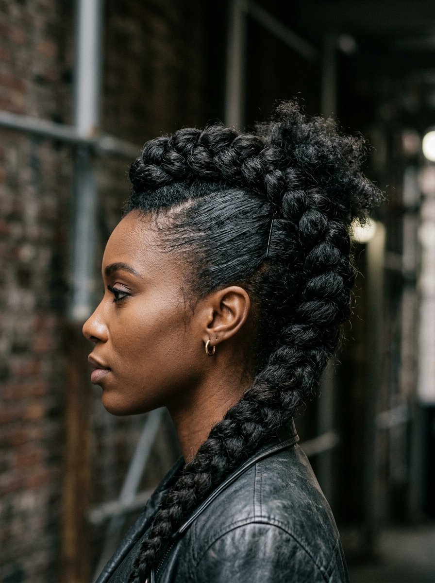 Close-up portrait of a Black woman with a braided mohawk hairstyle wearing a leather jacket outdoors.