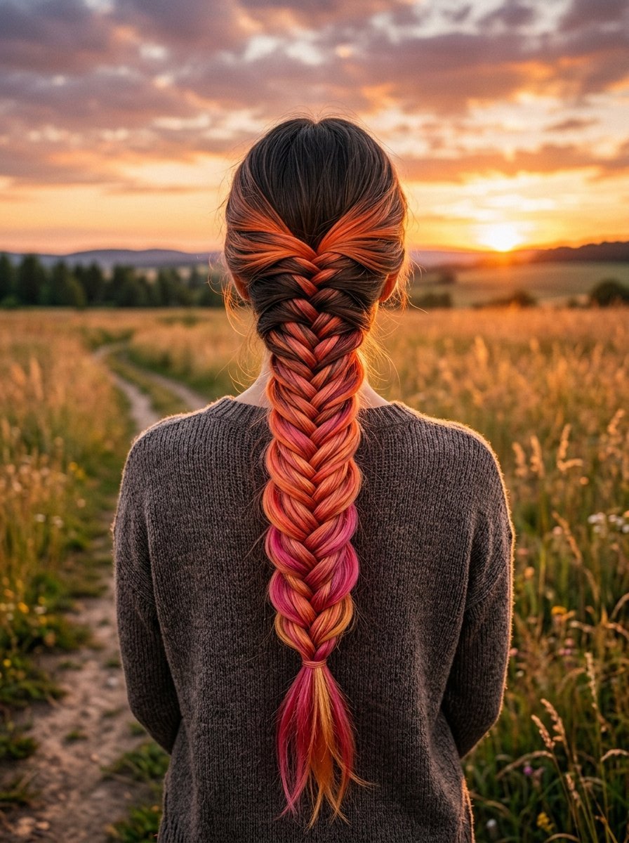 Back view of a person with a long fishtail braid featuring shades of pink and orange in a meadow at sundown.